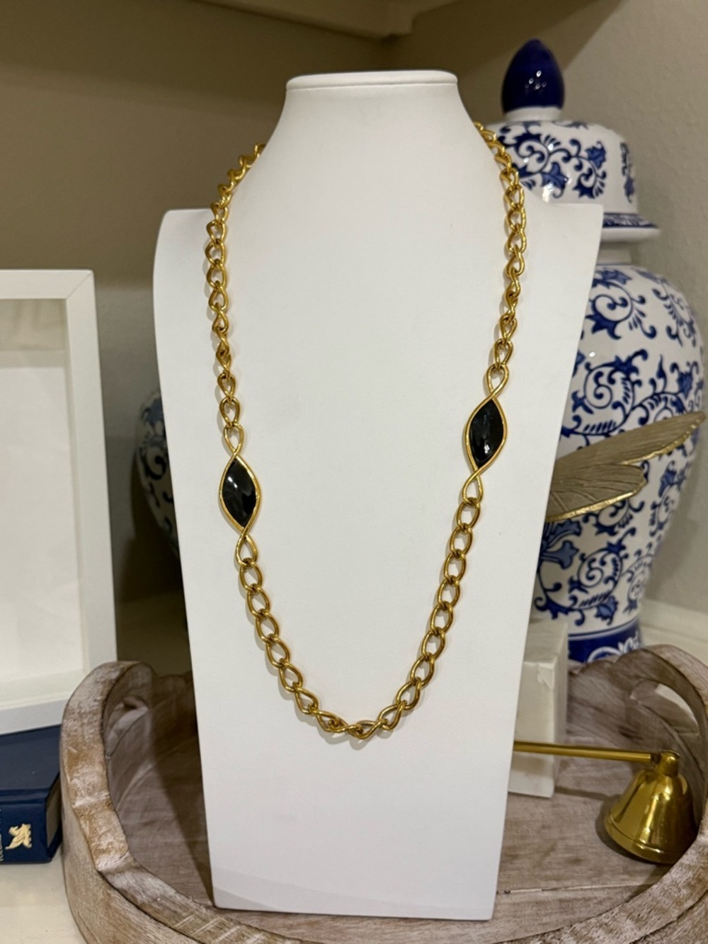 Vintage Napier Extra Long Gold Chain Necklace With Black Accents